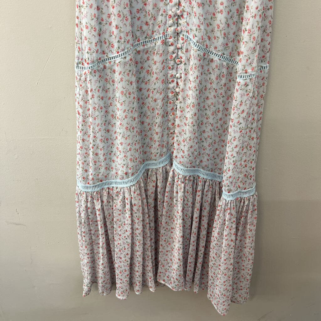 Allison Blue/ Red Flower Print Tiered Maxi Dress Small
