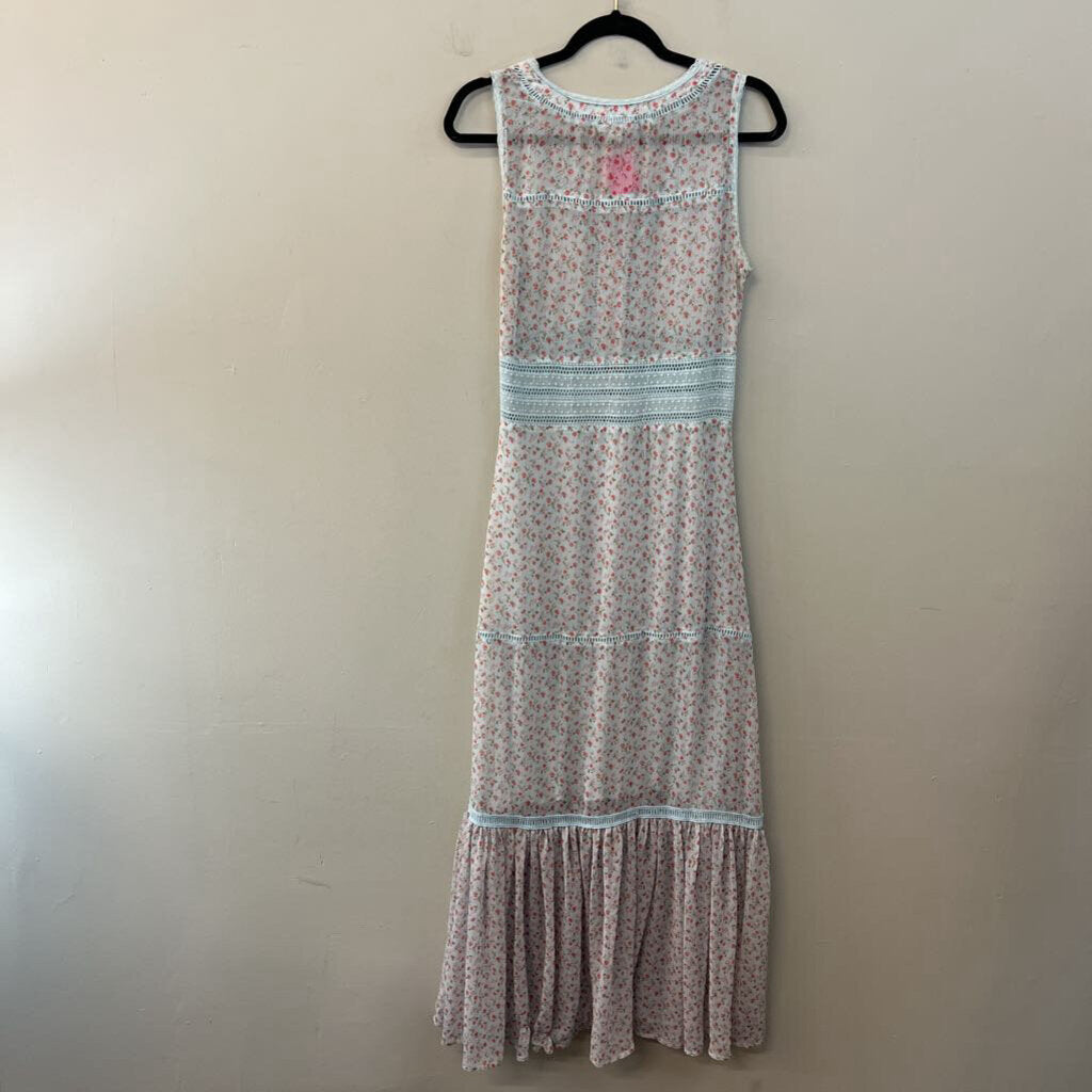 Allison Blue/ Red Flower Print Tiered Maxi Dress Small