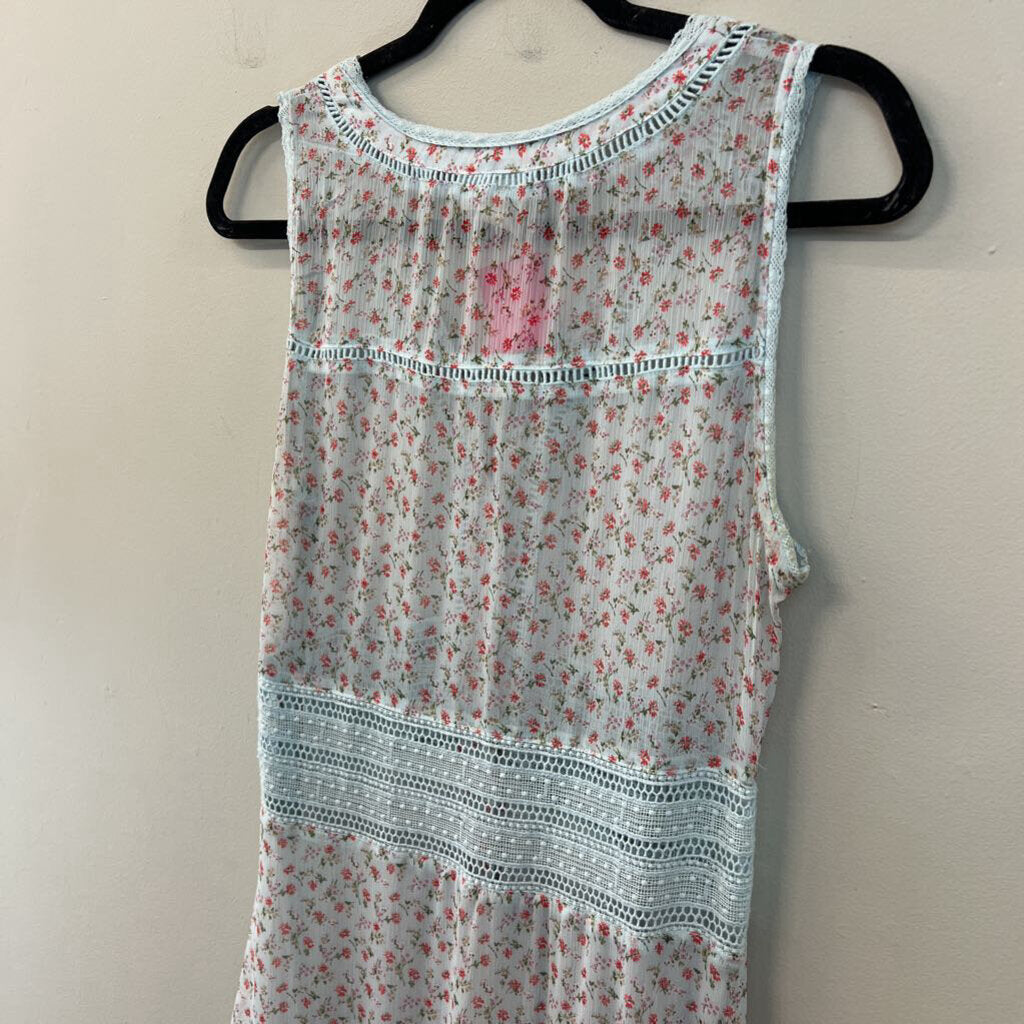 Allison Blue/ Red Flower Print Tiered Maxi Dress Small