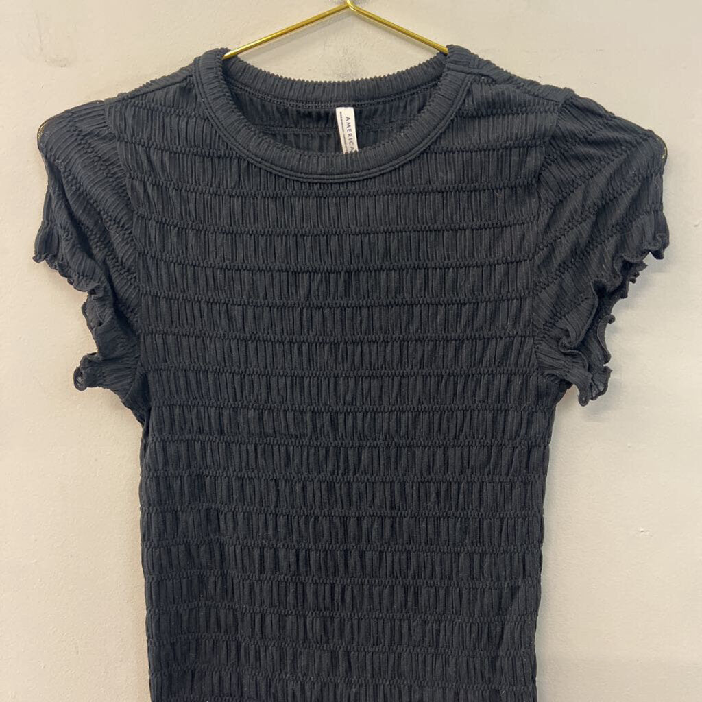 American Eagle Black Smocked Short Sleeve Top Medium
