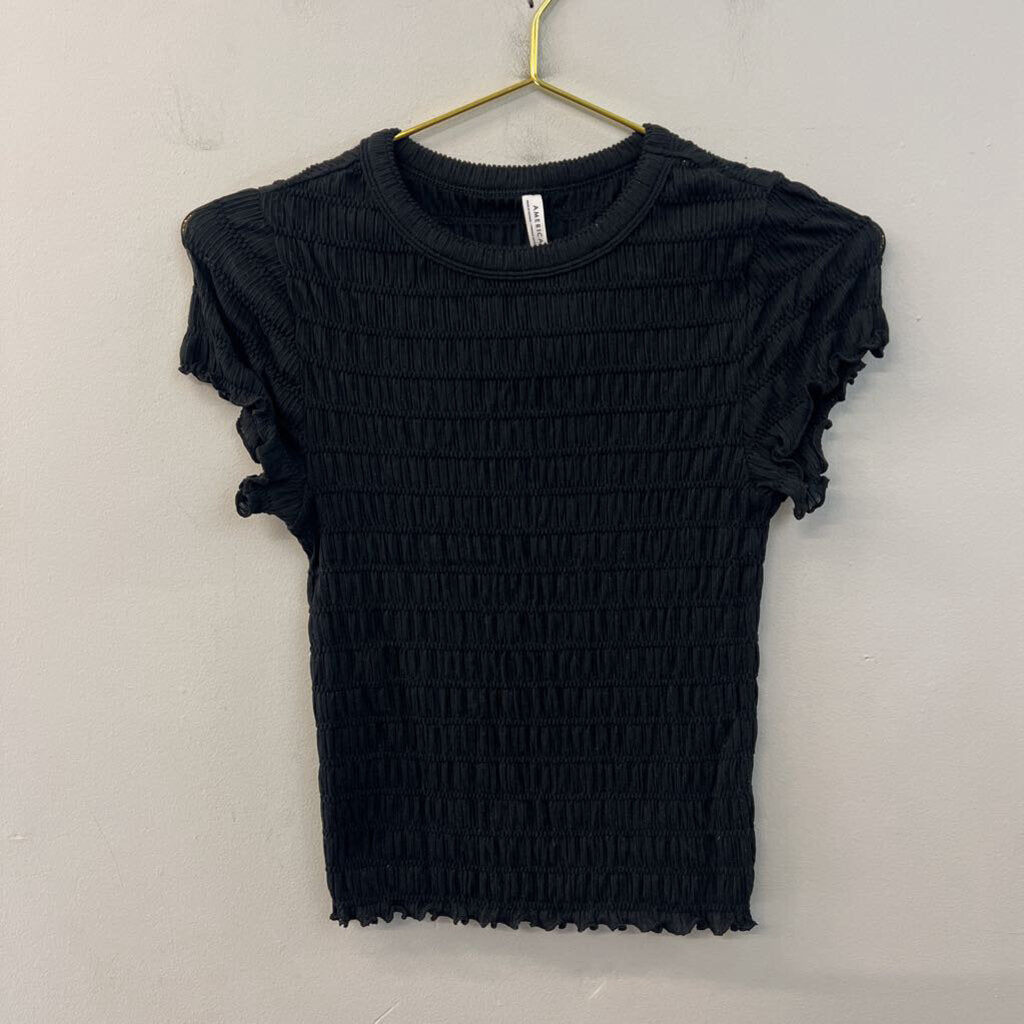 American Eagle Black Smocked Short Sleeve Top Medium