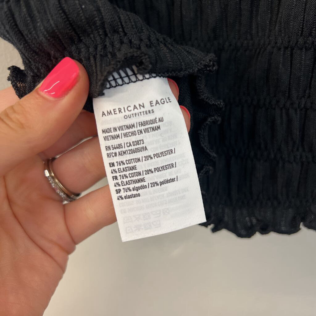 American Eagle Black Smocked Short Sleeve Top Medium