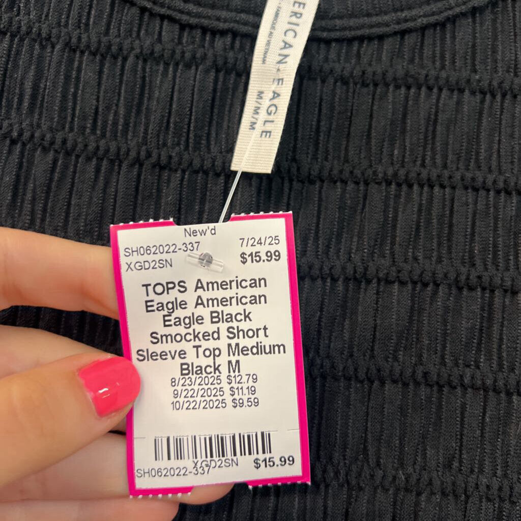 American Eagle Black Smocked Short Sleeve Top Medium
