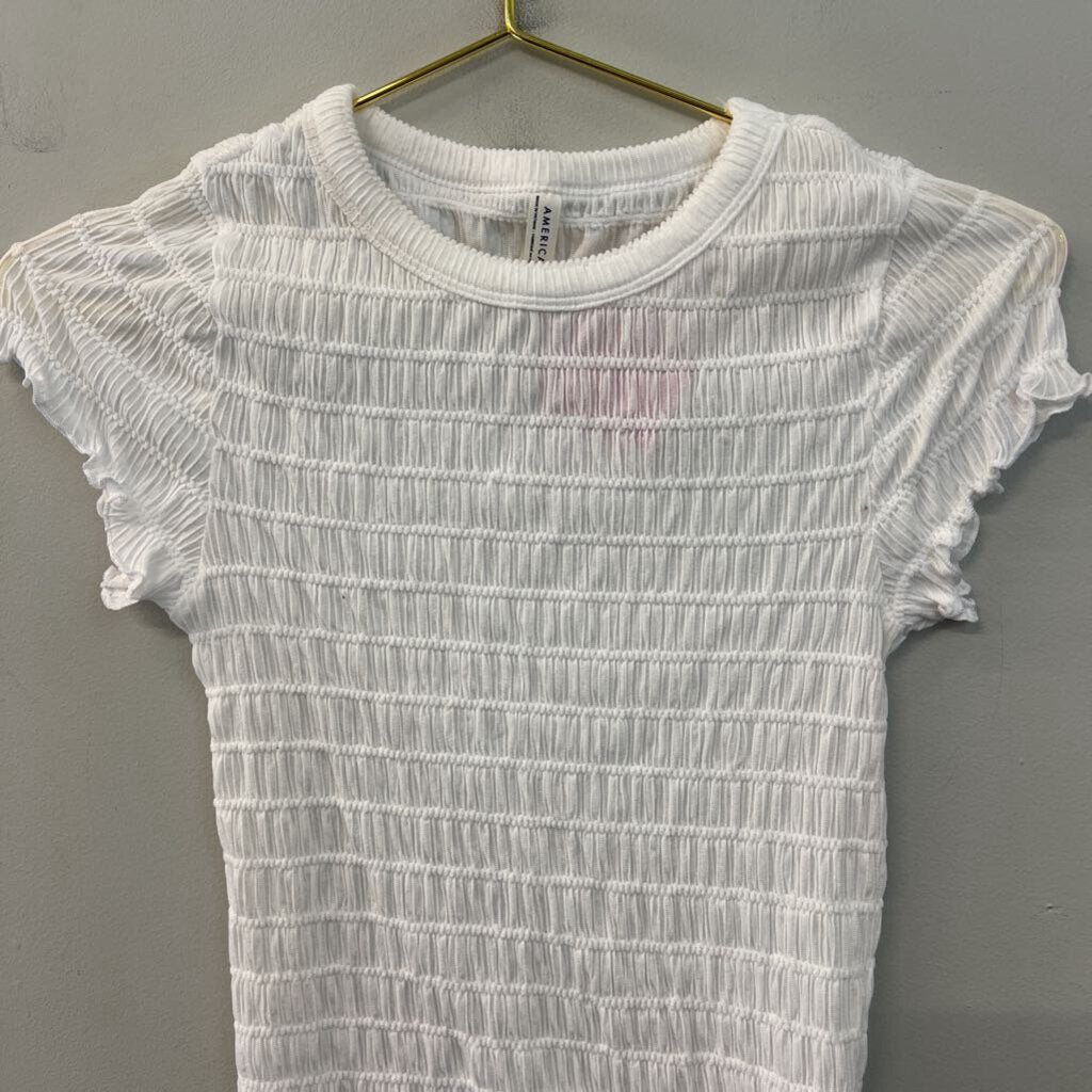 American Eagle White Smocked Short Sleeve Top Small