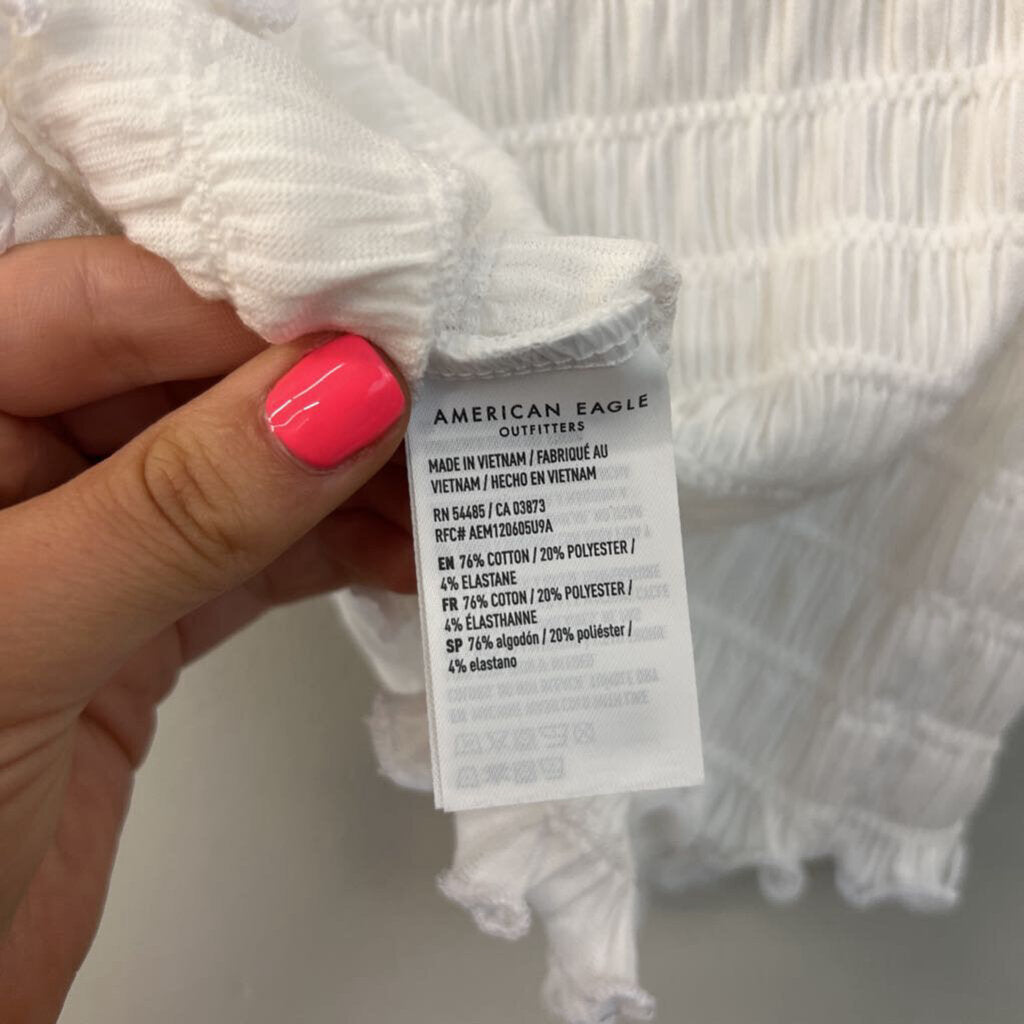 American Eagle White Smocked Short Sleeve Top Small