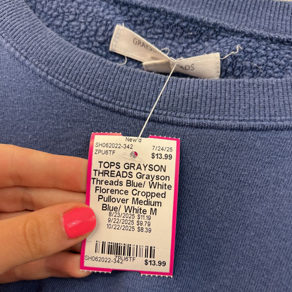 Grayson Threads Blue/ White Florence Cropped Pullover Medium