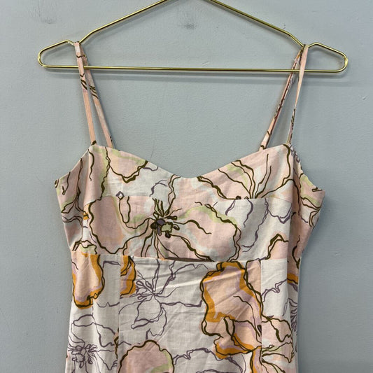 Amalie Pink/ White Flower Print Linen Blend Midi Dress 6