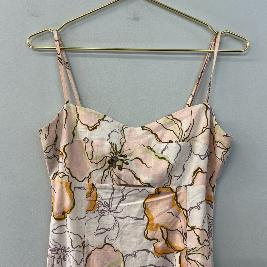 Amalie Pink/ White Flower Print Linen Blend Midi Dress 6