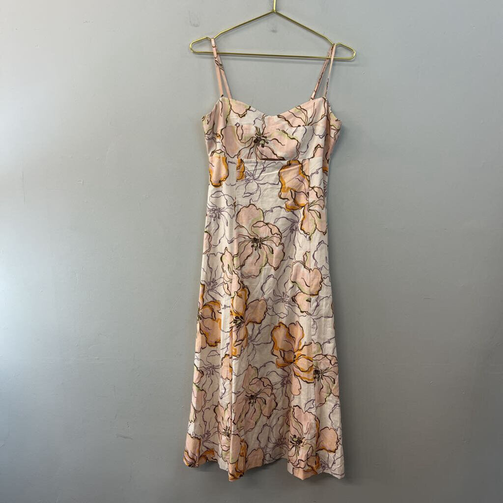 Amalie Pink/ White Flower Print Linen Blend Midi Dress 6