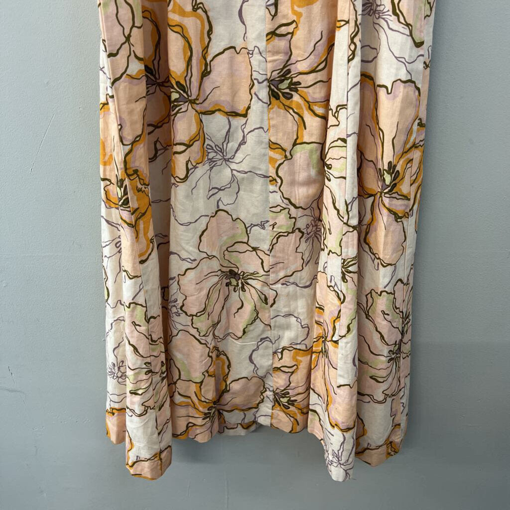 Amalie Pink/ White Flower Print Linen Blend Midi Dress 6