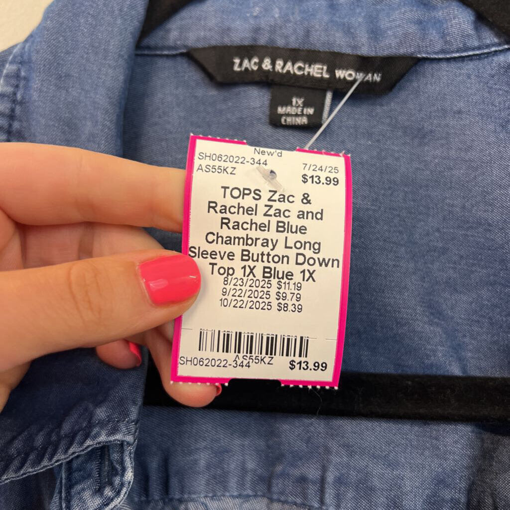 Zac and Rachel Blue Chambray Long Sleeve Button Down Top 1X
