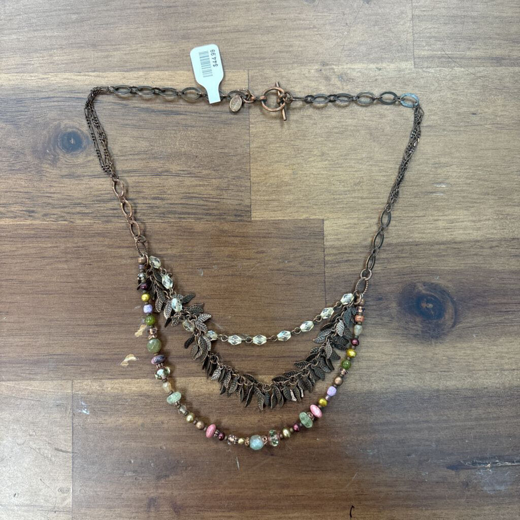 Anne Vaughan Bronze/ Multi Beaded Leaf Cluster Necklace