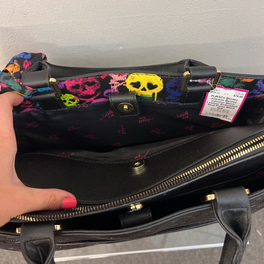 Betsey Johnson Black Leather Embossed Skull Purse