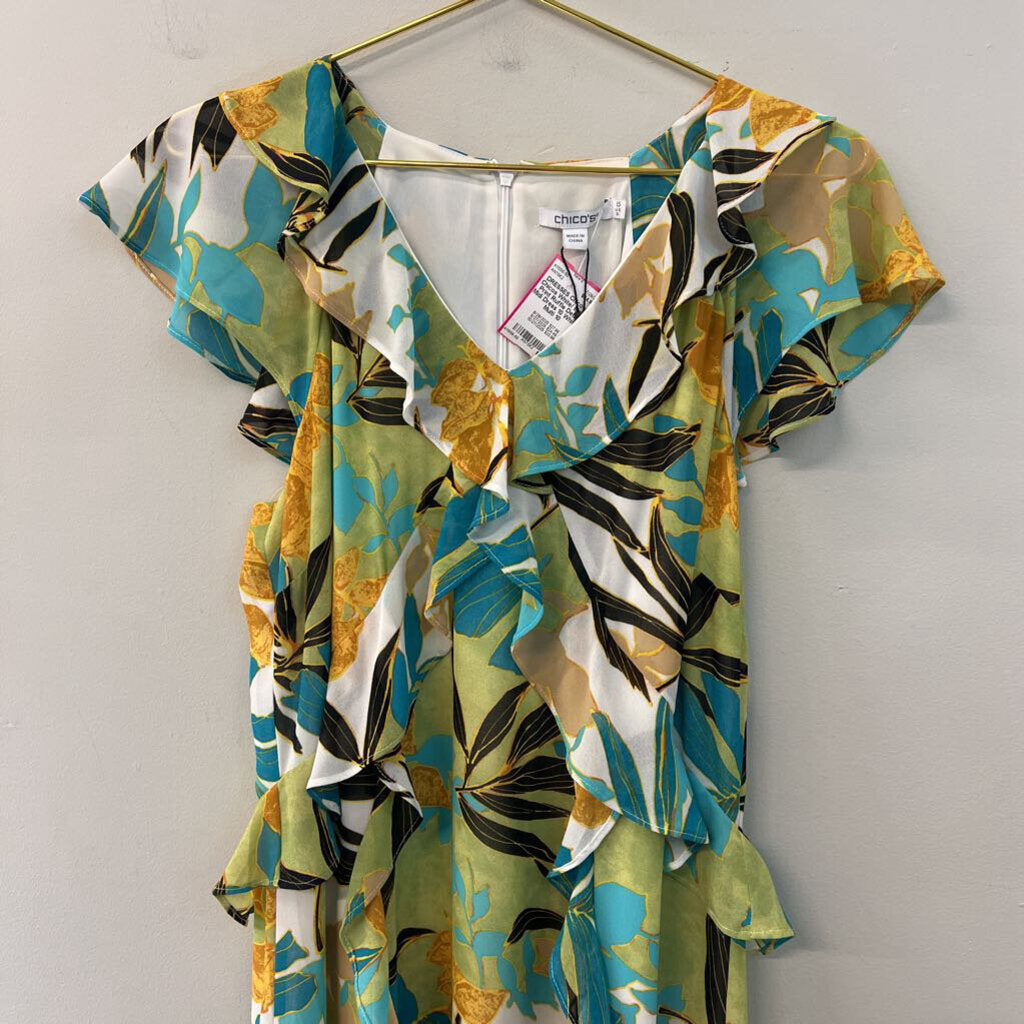 Chicos White/ Multi Print Ruffle Detail Midi Dress 10