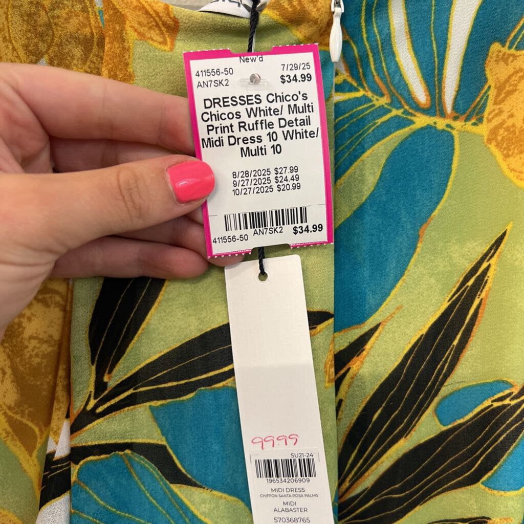 Chicos White/ Multi Print Ruffle Detail Midi Dress 10