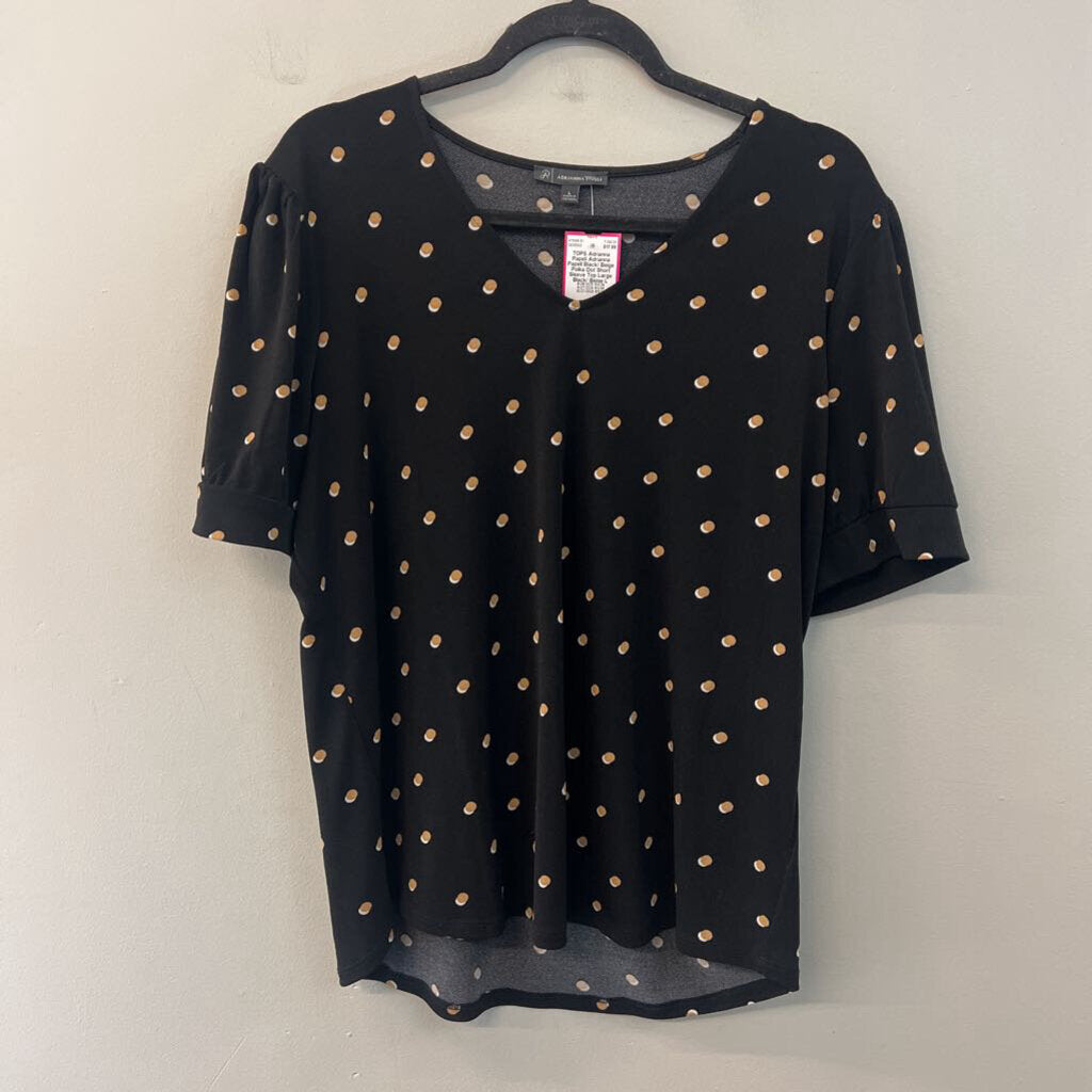Adrianna Papell Black/ Beige Polka Dot Short Sleeve Top Large