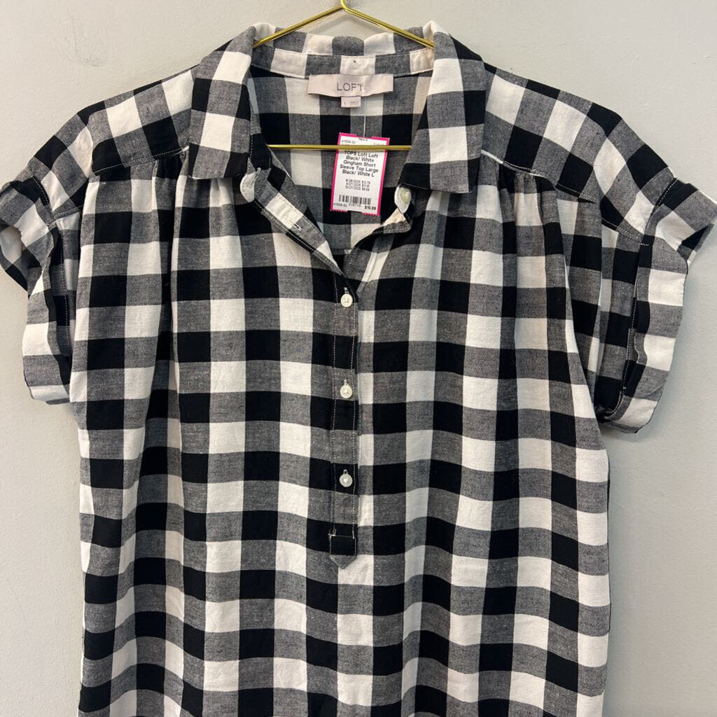 Loft Black/ White Gingham Short Sleeve Top Large