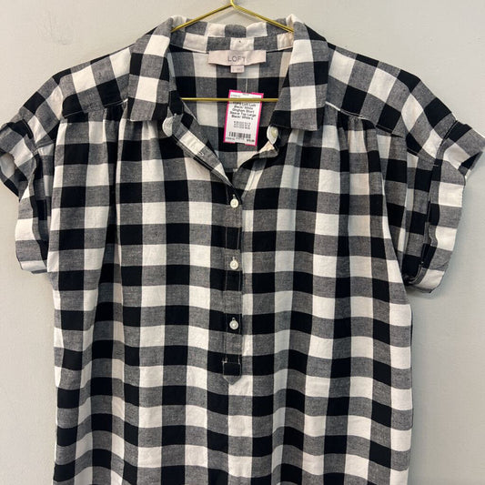 Loft Black/ White Gingham Short Sleeve Top Large