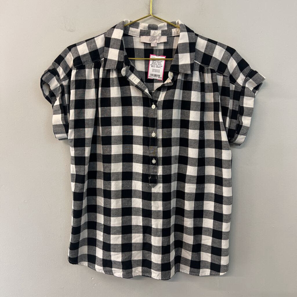 Loft Black/ White Gingham Short Sleeve Top Large