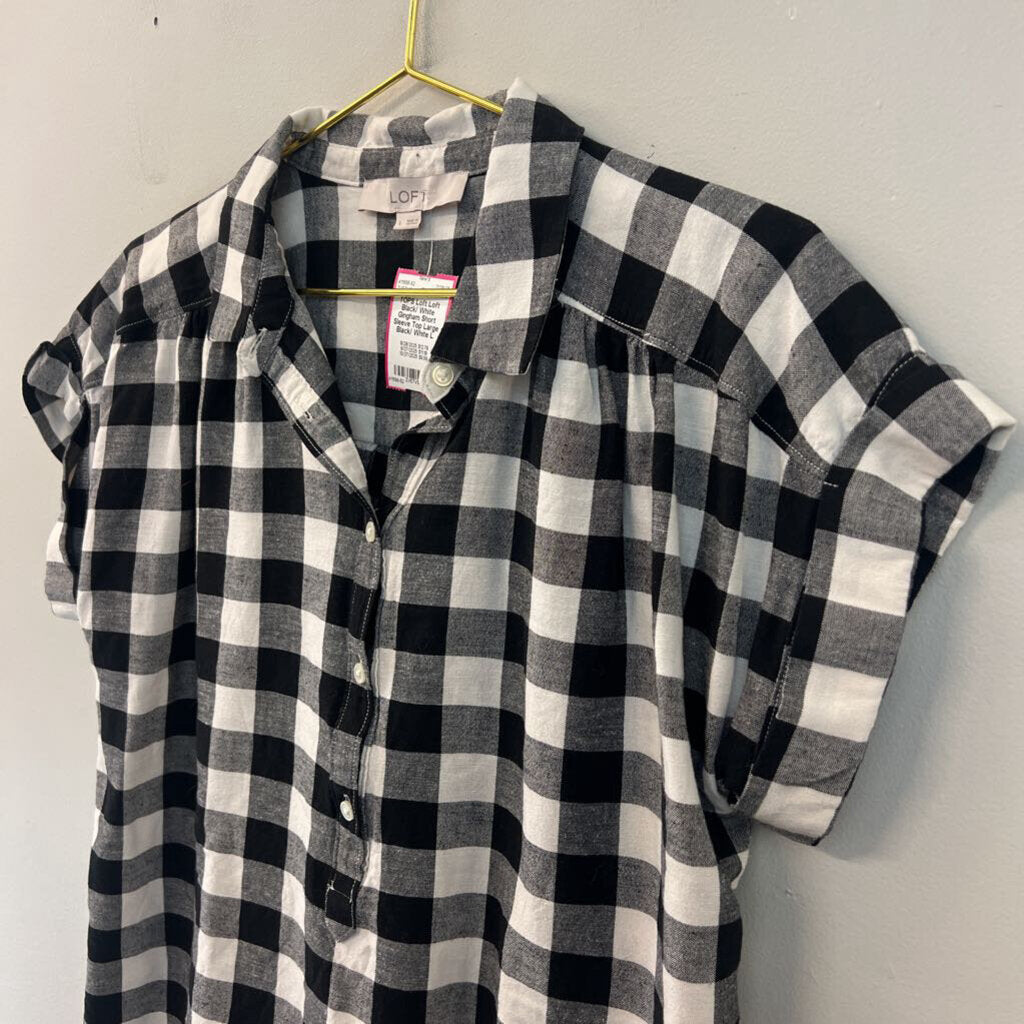 Loft Black/ White Gingham Short Sleeve Top Large