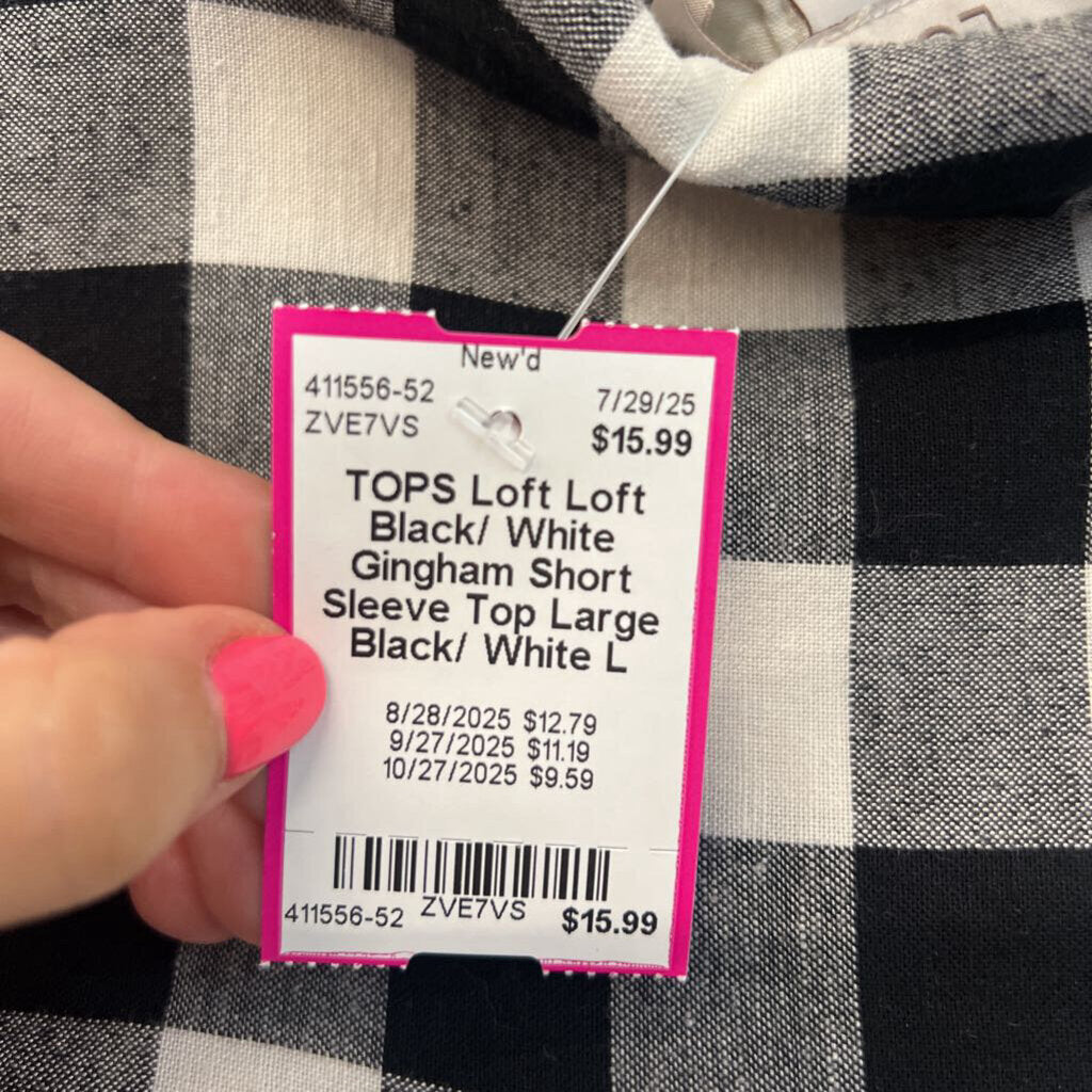 Loft Black/ White Gingham Short Sleeve Top Large