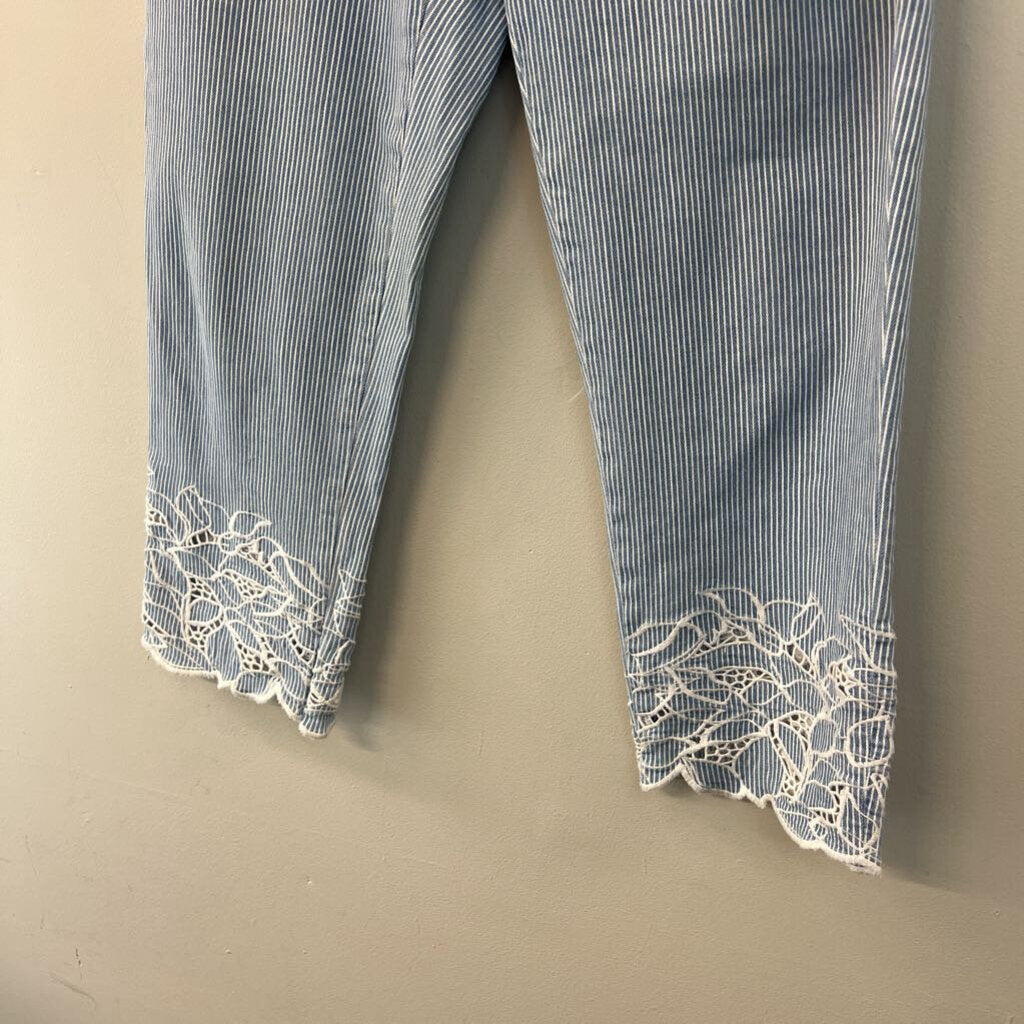 Chicos Blue/ White Striped Embroidered Hem Pants 10