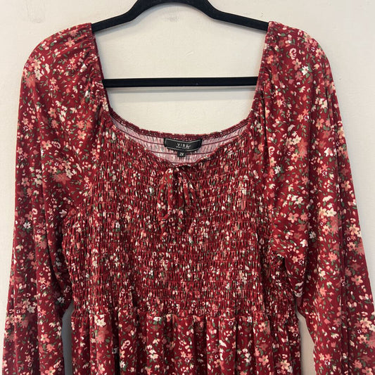 Vibe Red/ Multi Print Long Sleeve Smocked Top Dress 2X