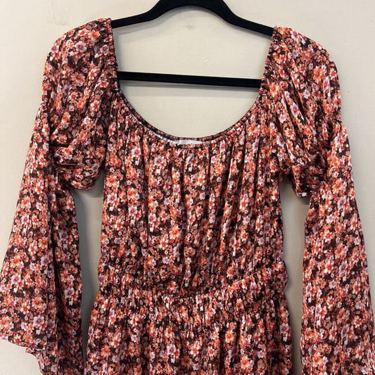 love@fs Brown/ Orange Flower Print Long Sleeve Dress Medium