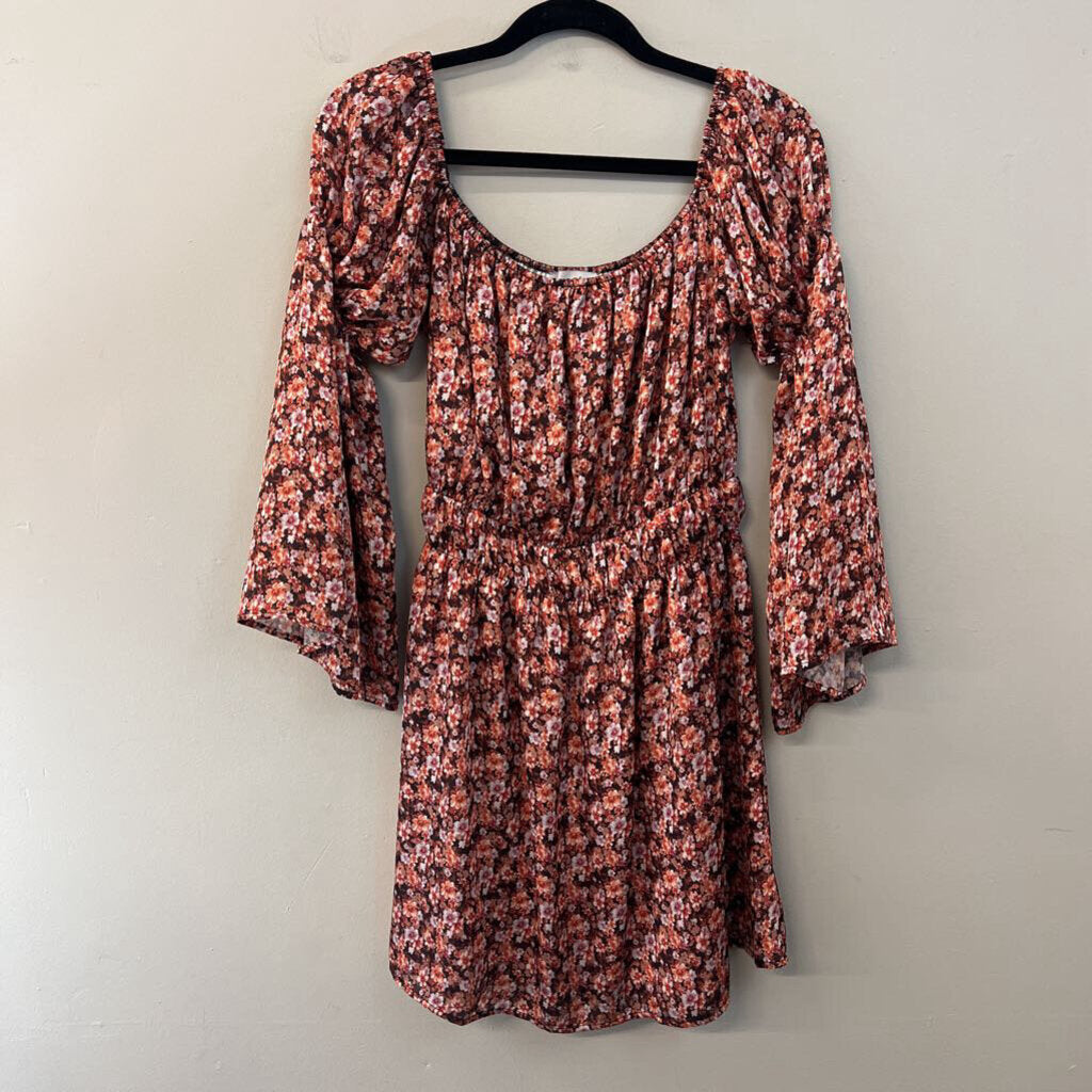 love@fs Brown/ Orange Flower Print Long Sleeve Dress Medium