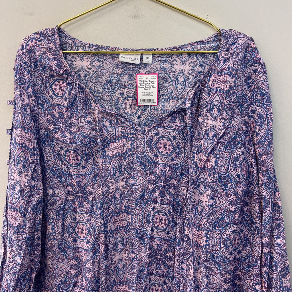 Kim Rogers Pink/ Blue Print Long Sleeve Top 1X