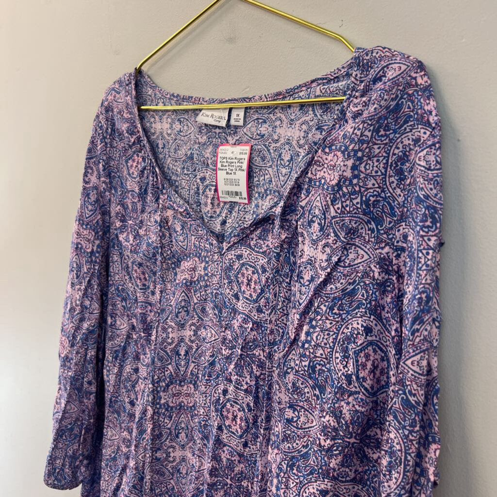 Kim Rogers Pink/ Blue Print Long Sleeve Top 1X