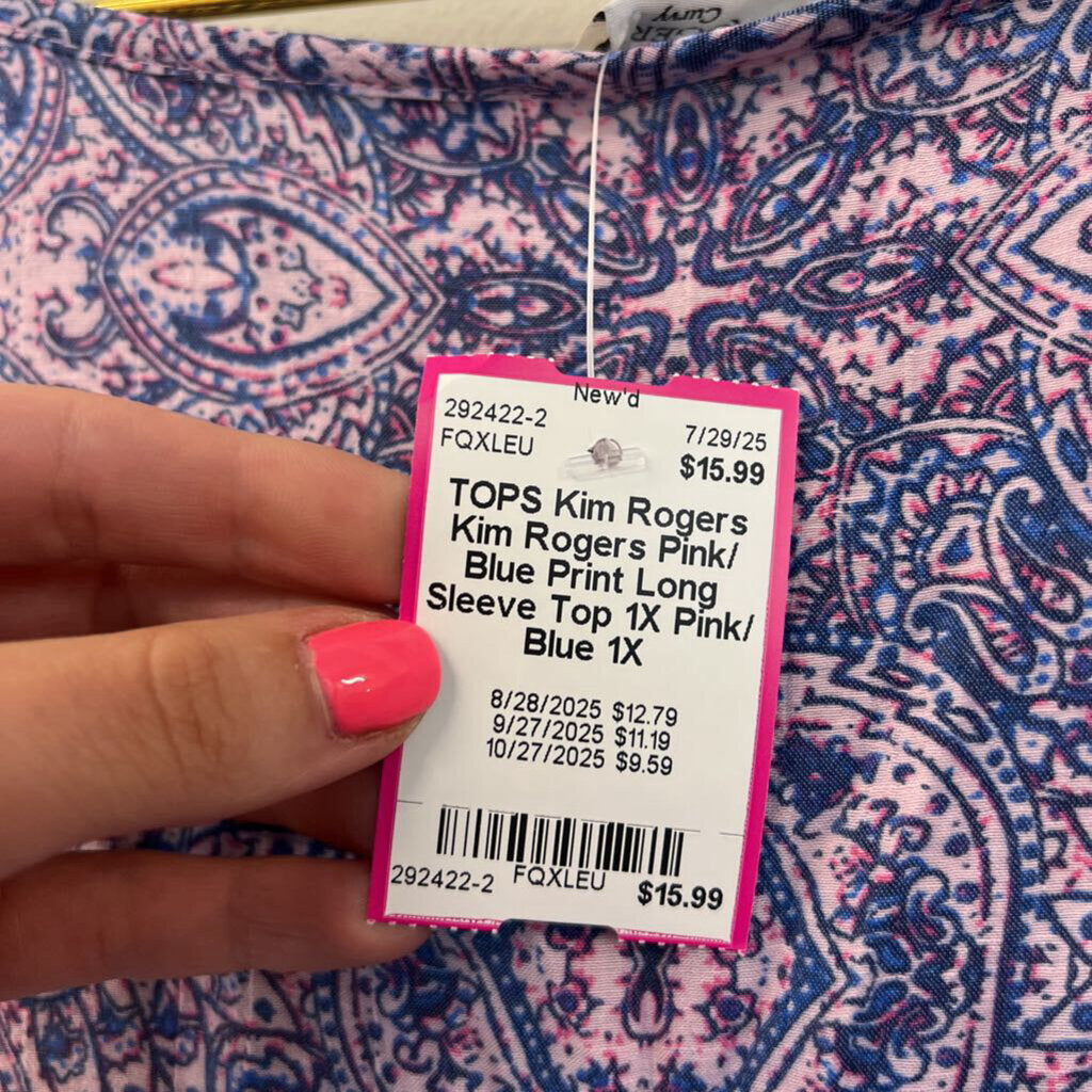 Kim Rogers Pink/ Blue Print Long Sleeve Top 1X