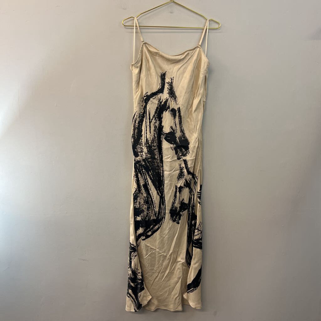 Conditions Apply Cream/ Black Print Silky Maxi Dress Extra Large