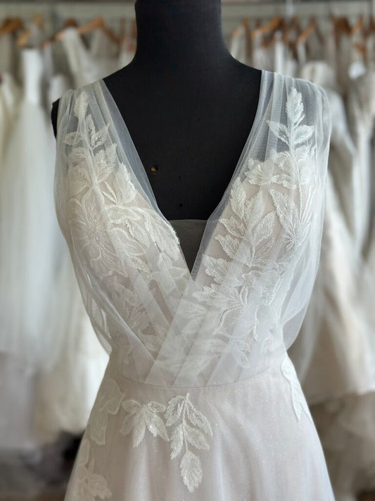Ivory/Blush Soft Tulle Gown with Appliques and Buttons 14