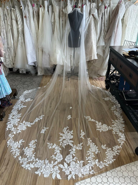 Ivory Cathedral Length Veil with Floral Appliques