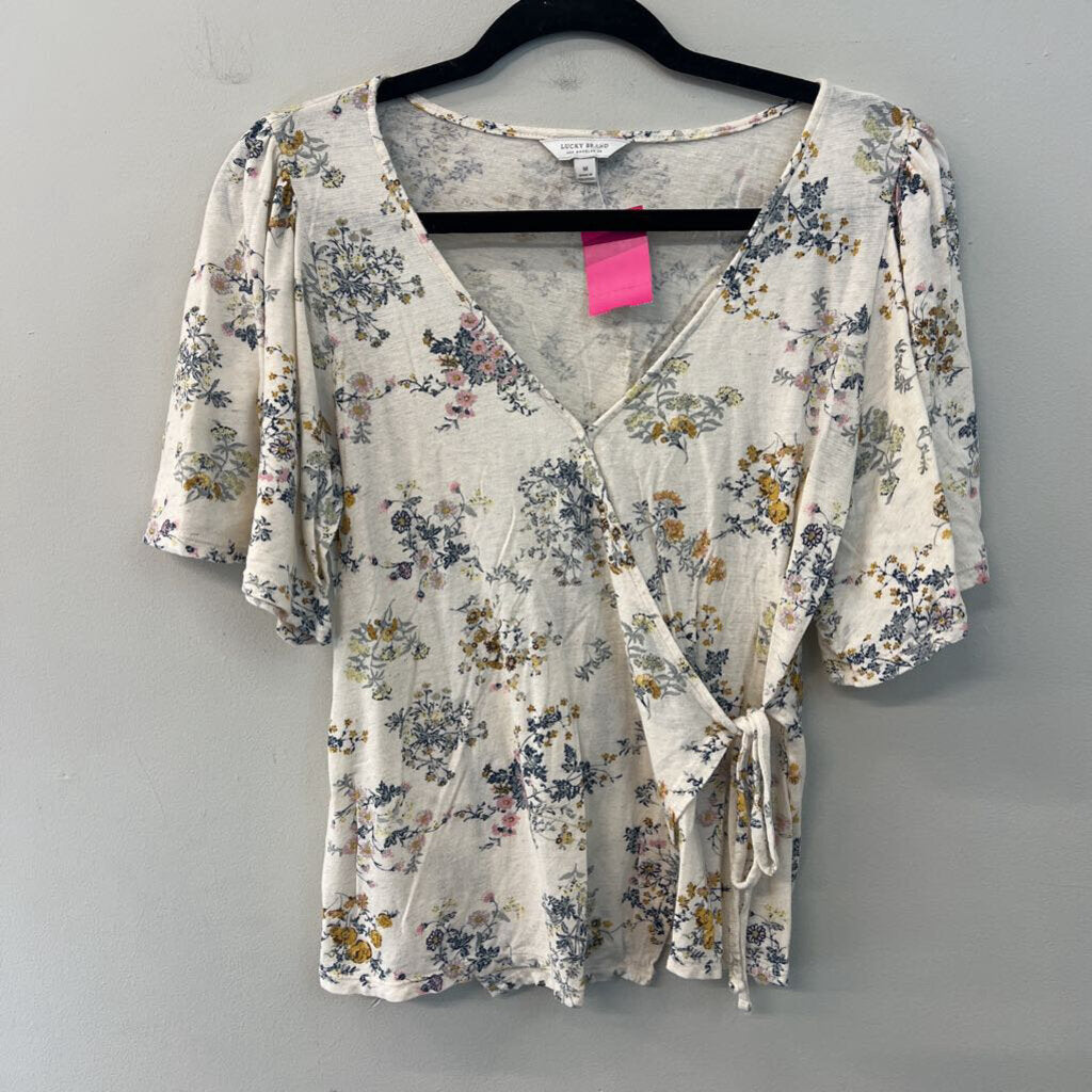 Lucky Brand White/ Multi Flower Print Short Sleeve Wrap Top Medium