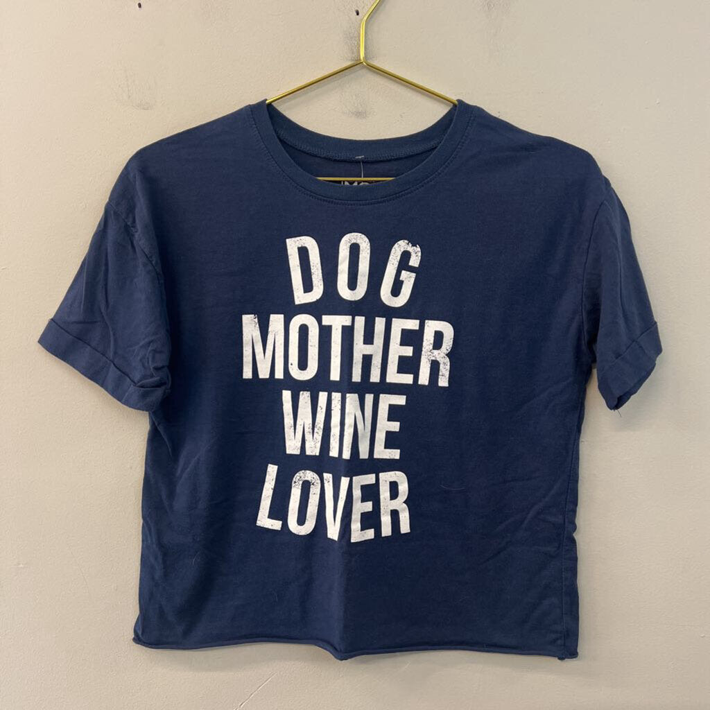 Modern Lux Blue/ White Dog Mother Wine Lover Cropped Short Sleeve Graphic Tee Extra Small