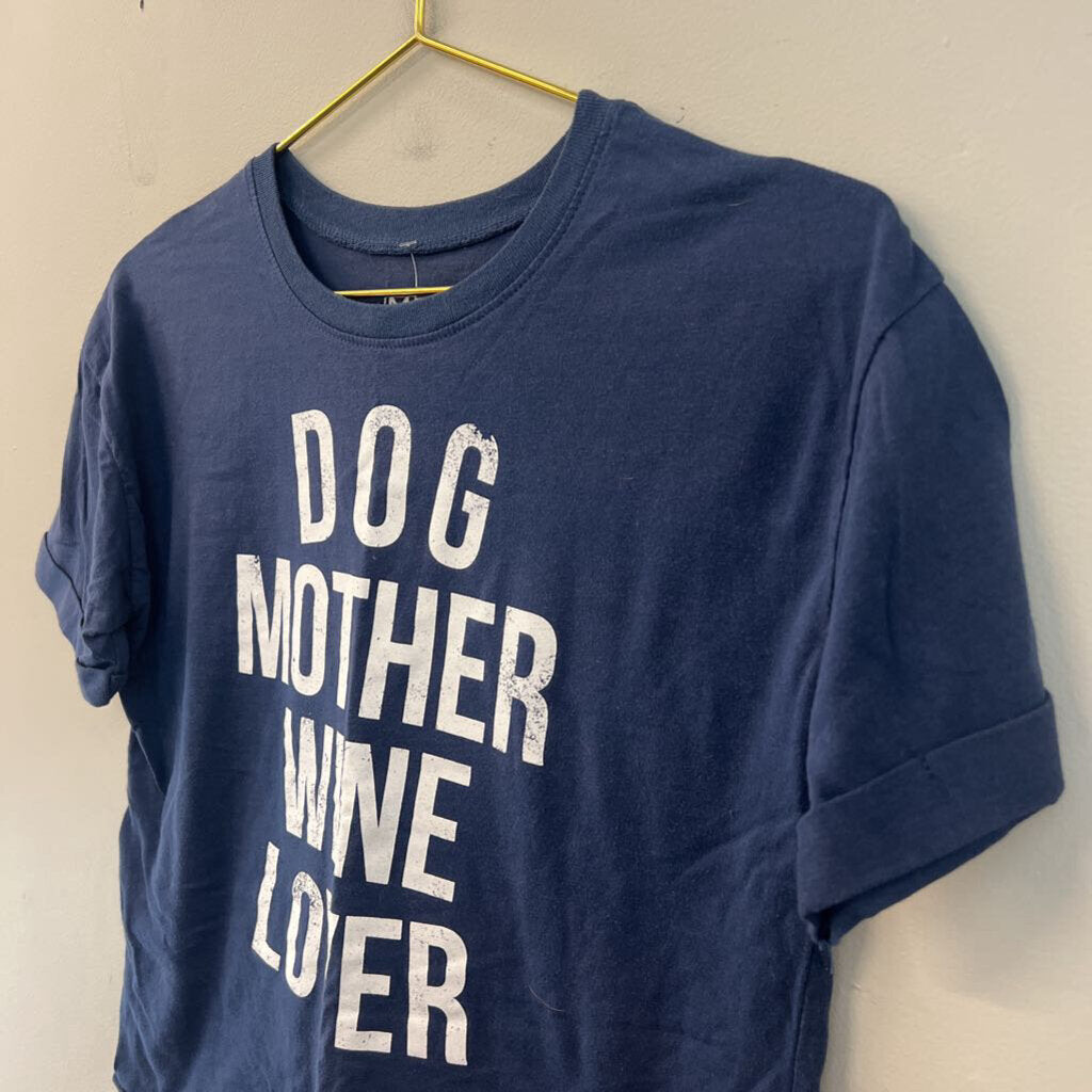 Modern Lux Blue/ White Dog Mother Wine Lover Cropped Short Sleeve Graphic Tee Extra Small