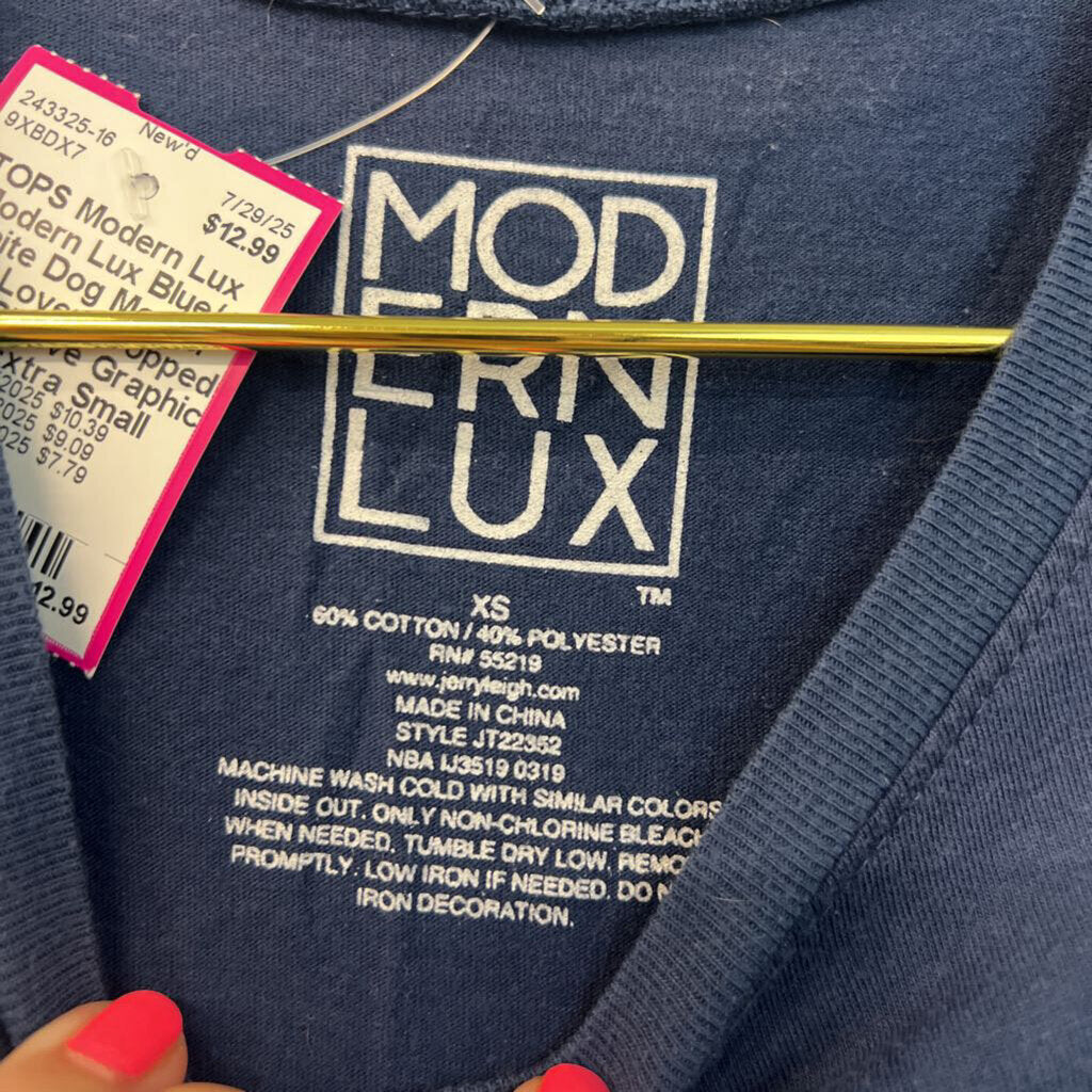 Modern Lux Blue/ White Dog Mother Wine Lover Cropped Short Sleeve Graphic Tee Extra Small