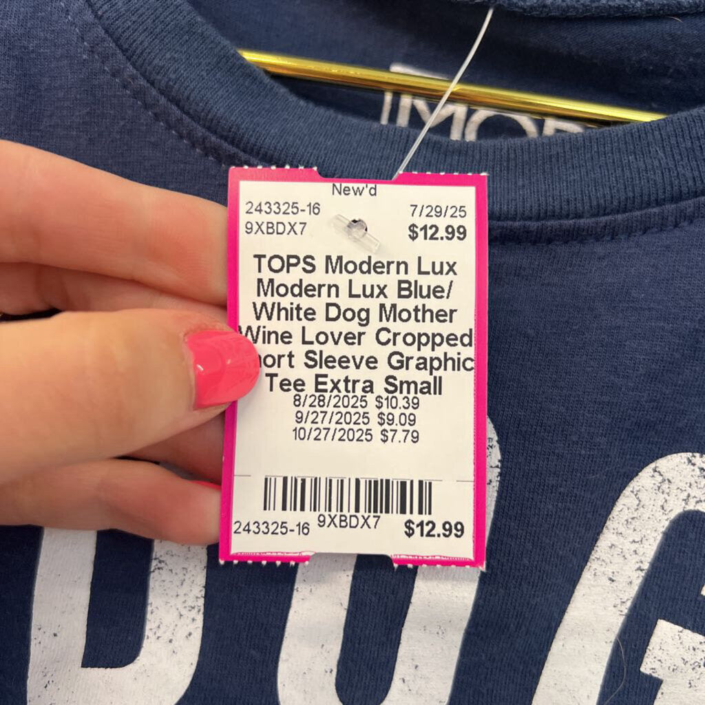 Modern Lux Blue/ White Dog Mother Wine Lover Cropped Short Sleeve Graphic Tee Extra Small