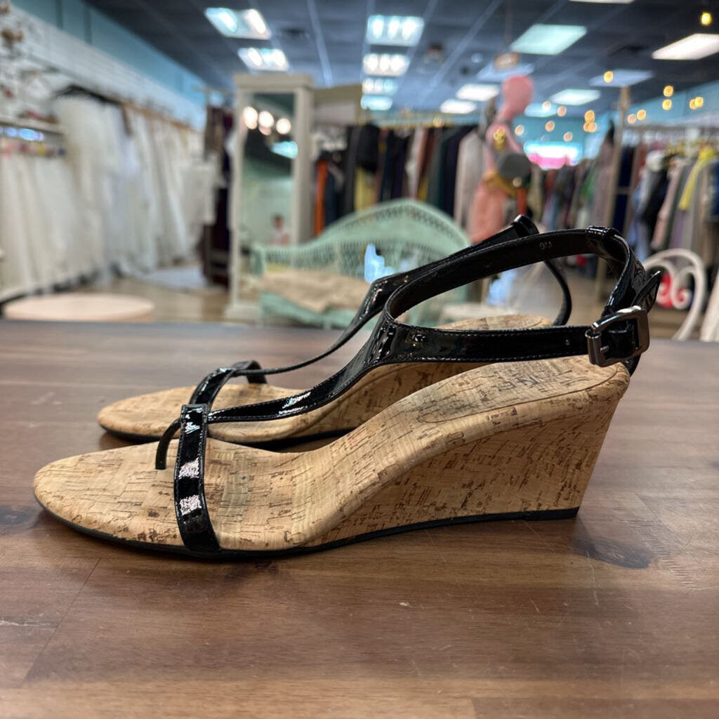 Vaneli Black Patent Leather Cork Wedges 9