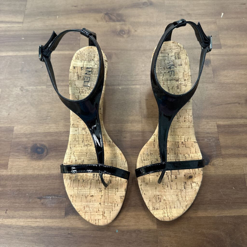 Vaneli Black Patent Leather Cork Wedges 9