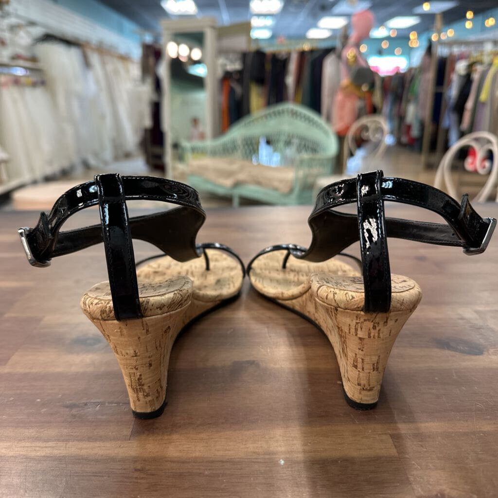 Vaneli Black Patent Leather Cork Wedges 9