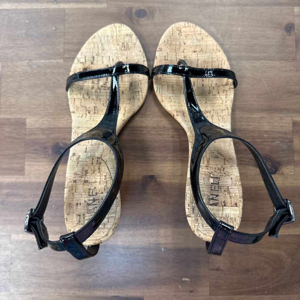 Vaneli Black Patent Leather Cork Wedges 9