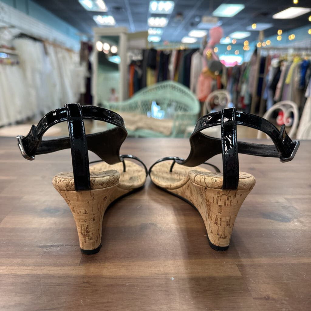 Vaneli Black Patent Leather Cork Wedges 9