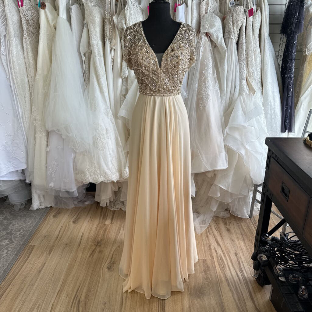 Amelia Couture Beaded Top Short Sleeve Long Formal Dress 8