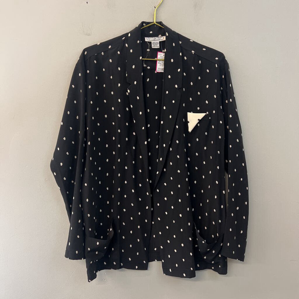 Lauren Alexandra 100% Silk Black/ White Polka Dot Open Front Blazer Top Large
