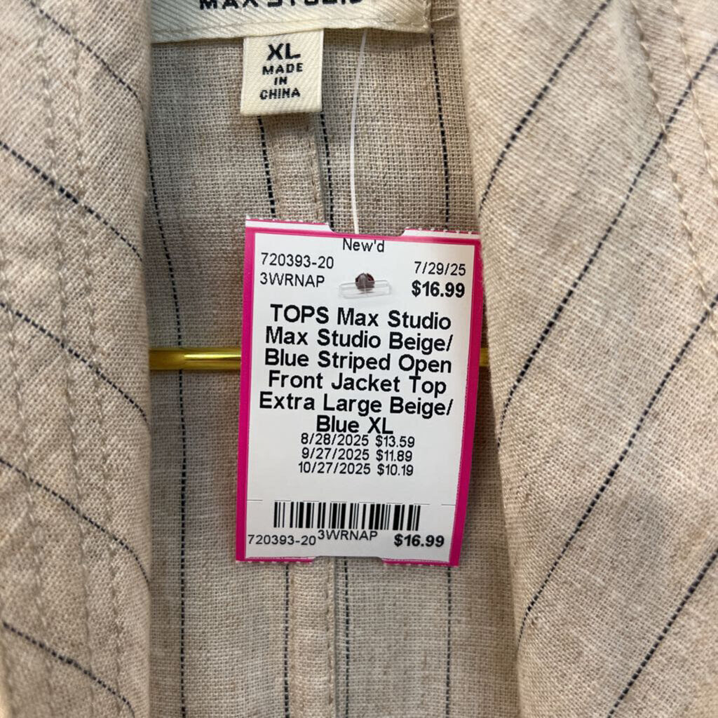 Max Studio Beige/ Blue Striped Open Front Jacket Top Extra Large