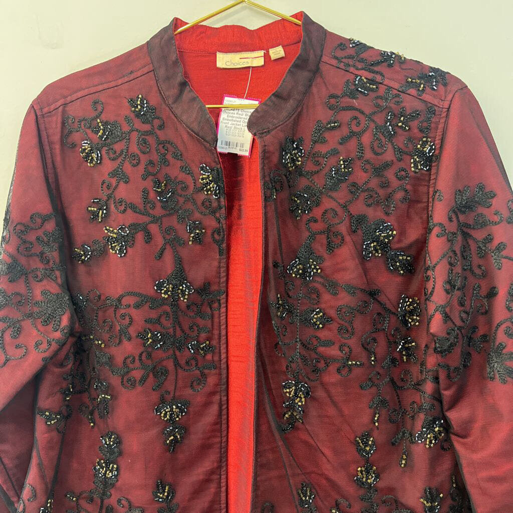 Choices Red/ Black Embroidered Embellished Open Front Jacket Large