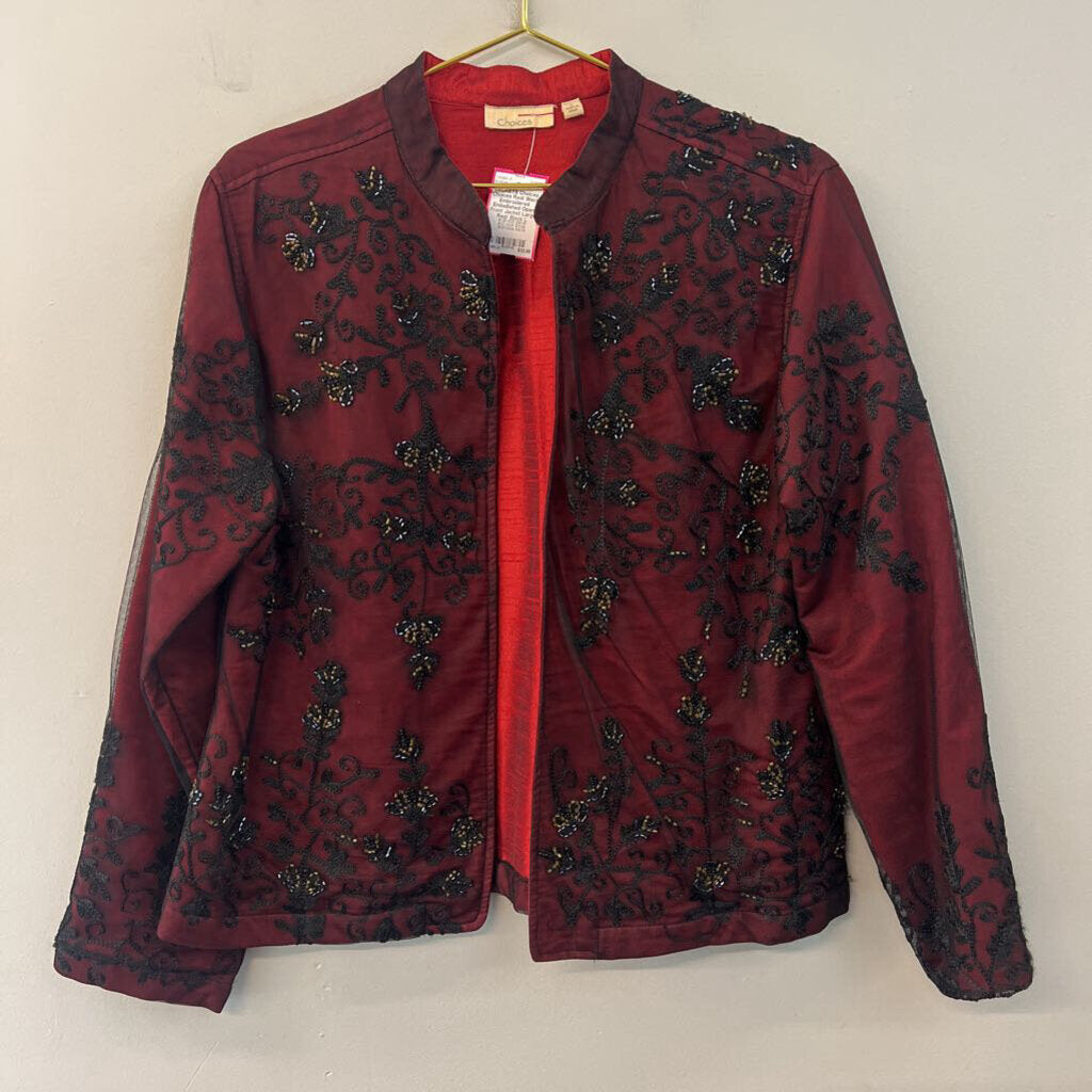 Choices Red/ Black Embroidered Embellished Open Front Jacket Large